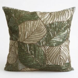 Emerald Leaf Embroidered Cushion