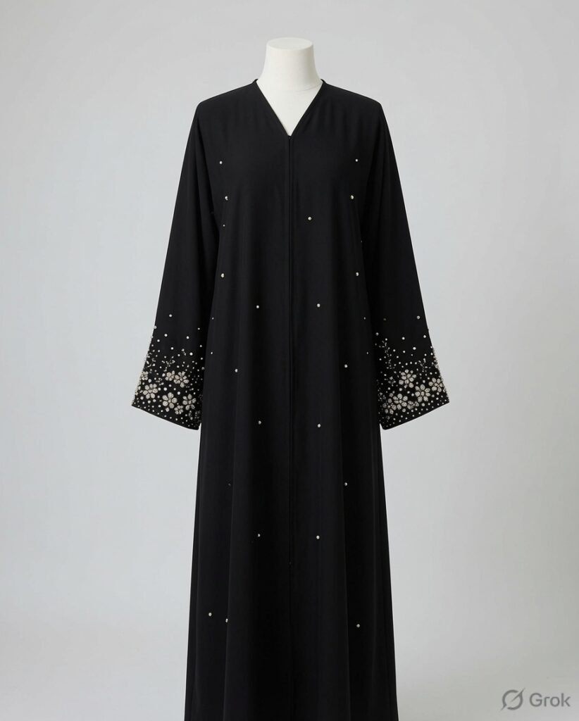 Luxury Black Crystal Floral Cuff Abaya