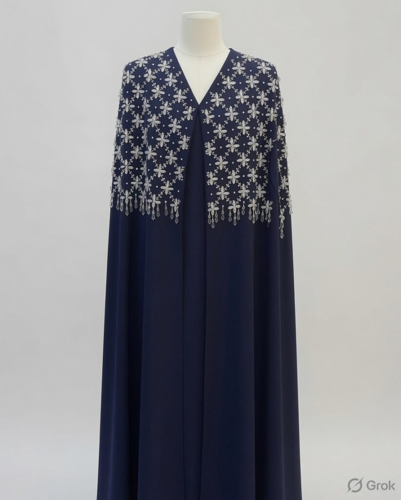 Luxury Navy Blue Silver Floral Embellished Abaya