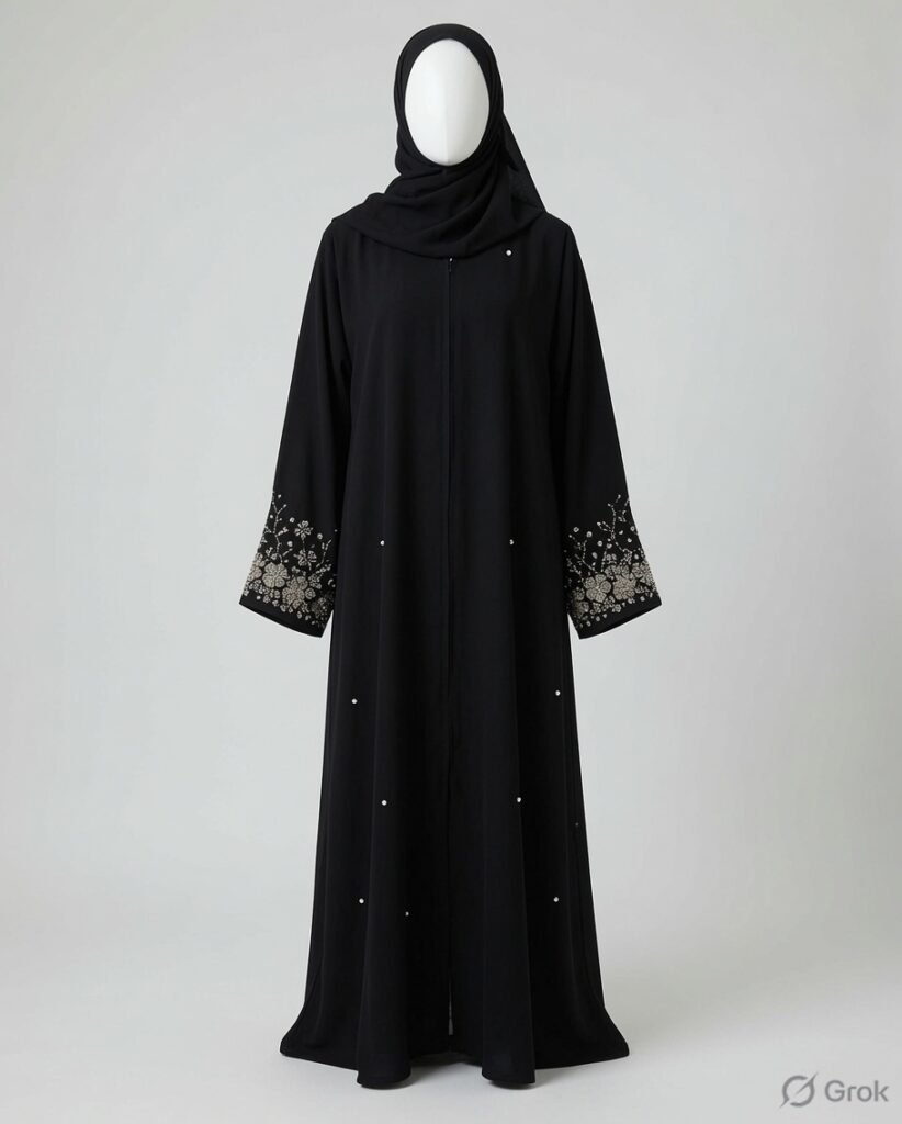 Black Floral Cuff Abaya
