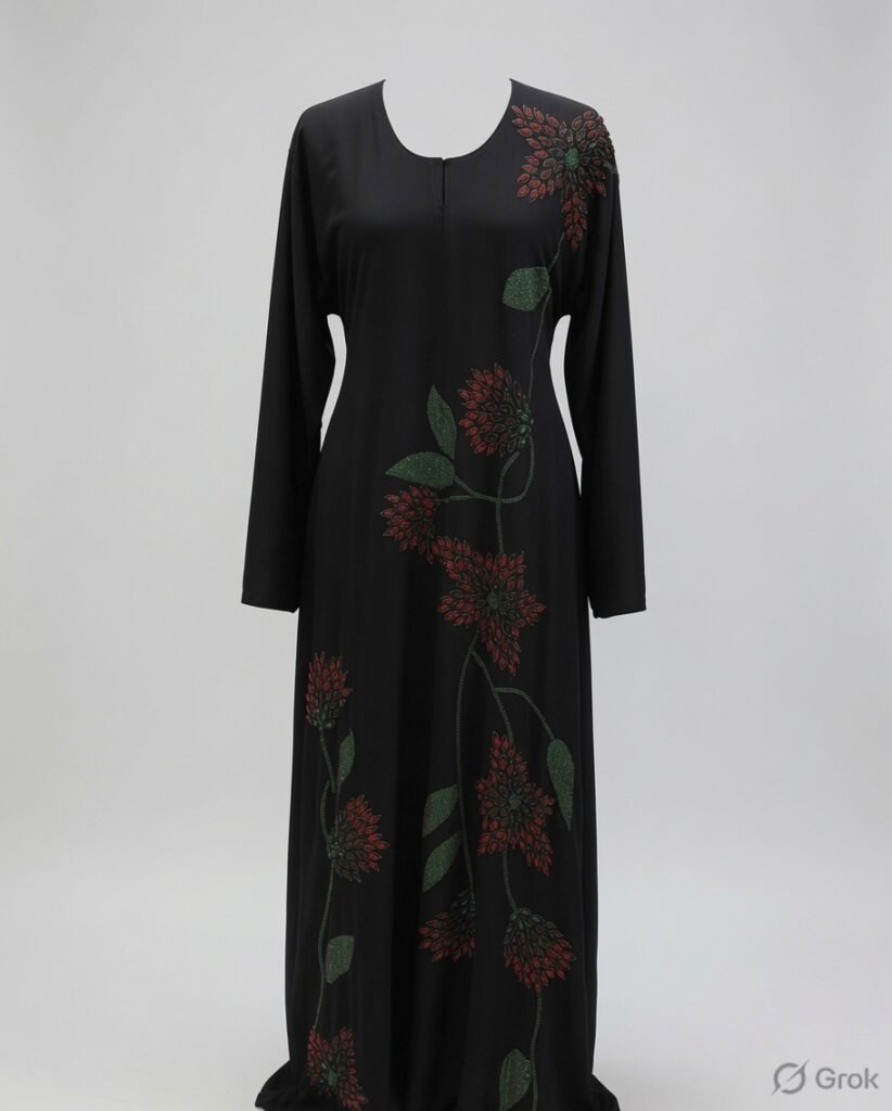 Elegant Black Red Floral Embroidered Abaya