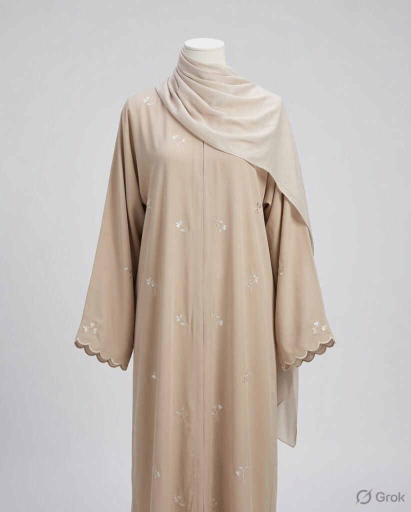 Elegant Beige Floral Embroidered Abaya