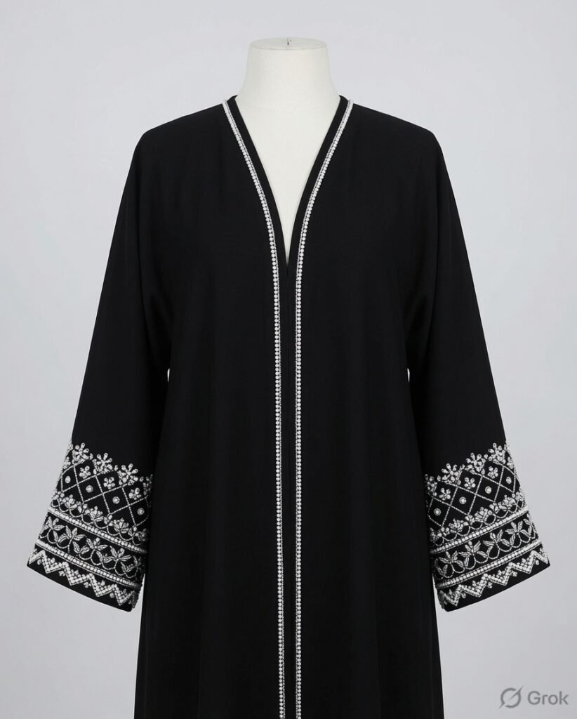 Luxury Black Silver Embroidered Cuff Abaya