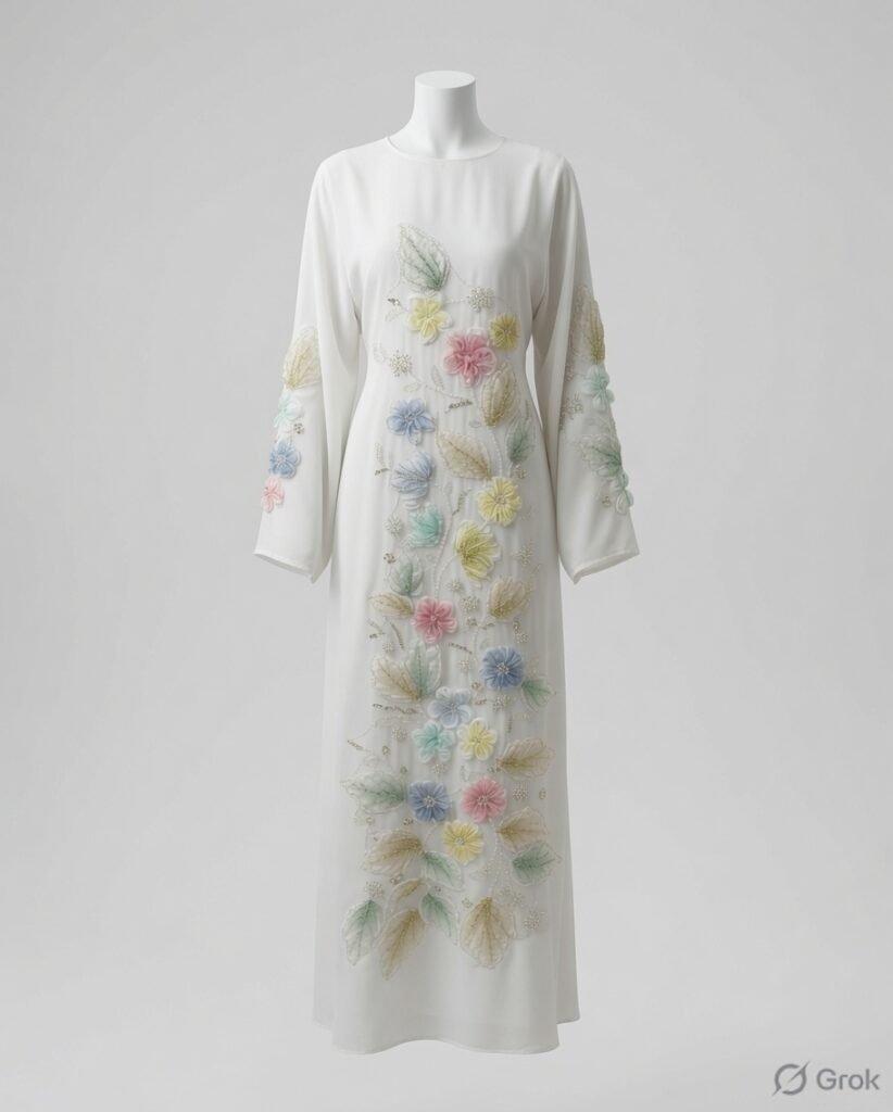 Elegant Ivory Pastel Floral Embroidered Abaya