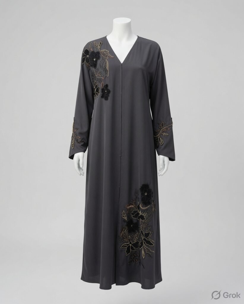 Elegant Charcoal Grey Floral Embroidered Abaya