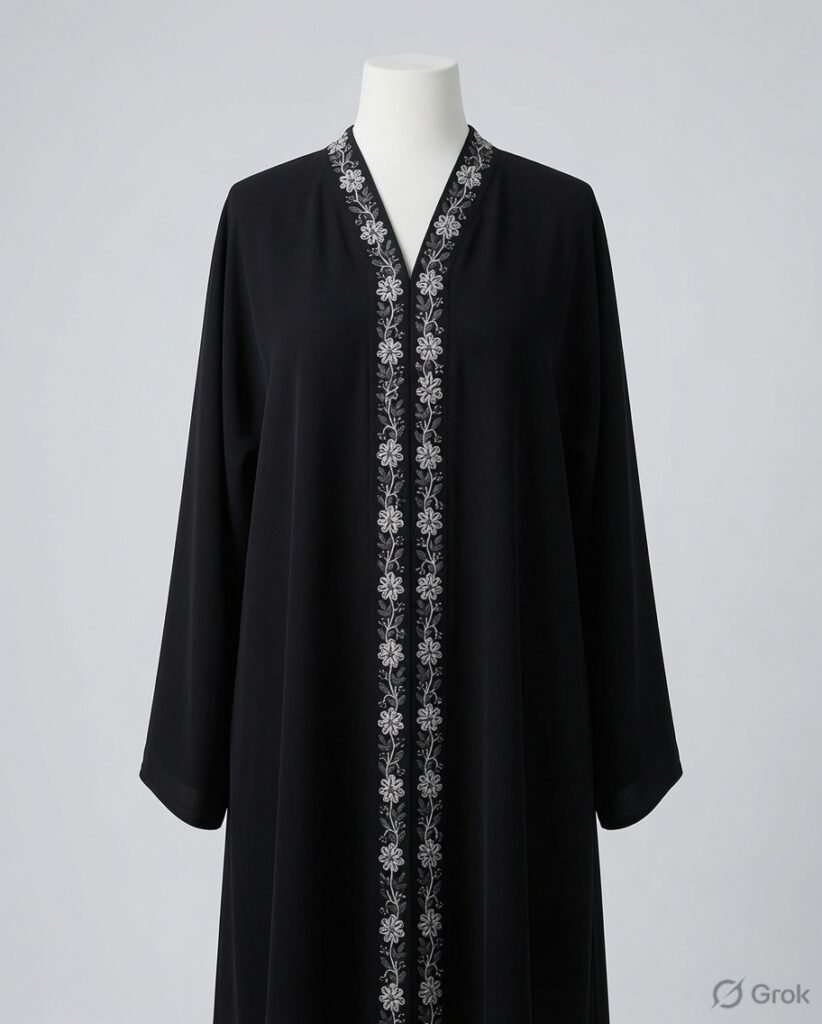 Luxury Black Silver Floral Embroidered Abaya