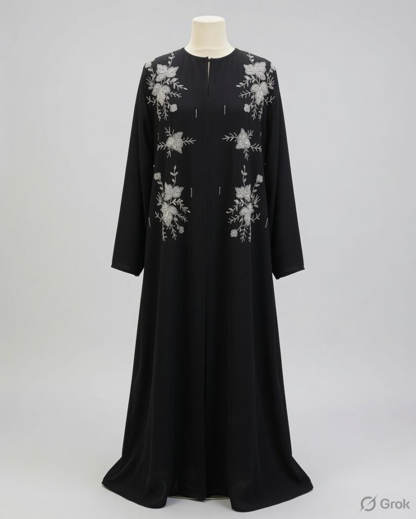 Elegant Black Silver Floral Embroidered Abaya