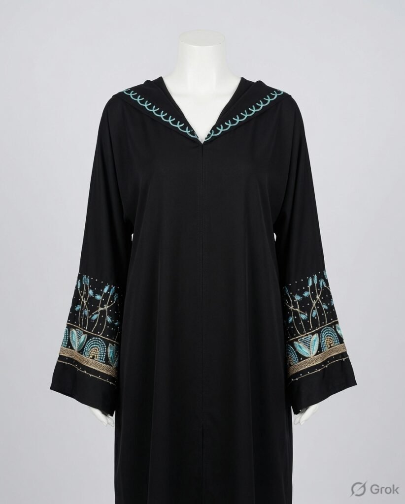 Elegant Black Turquoise Floral Cuff Abaya