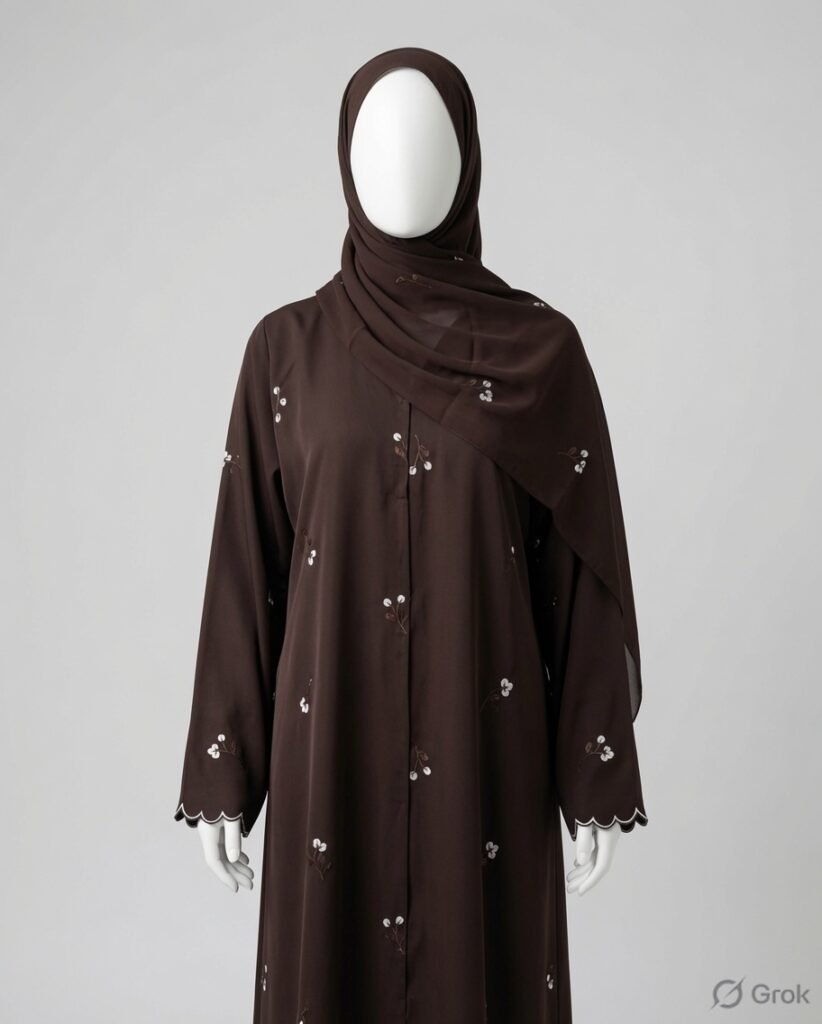 Elegant Chocolate Brown Floral Embroidered Abaya