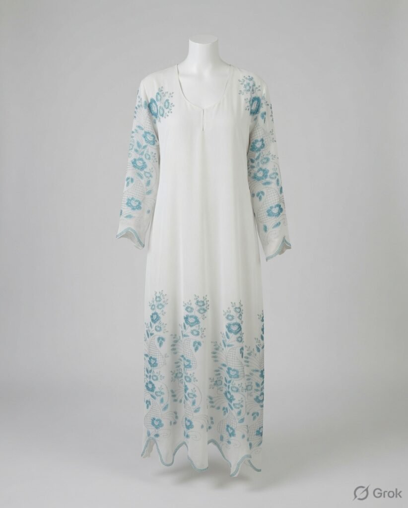 Elegant Ivory Blue Floral Embroidered Abaya
