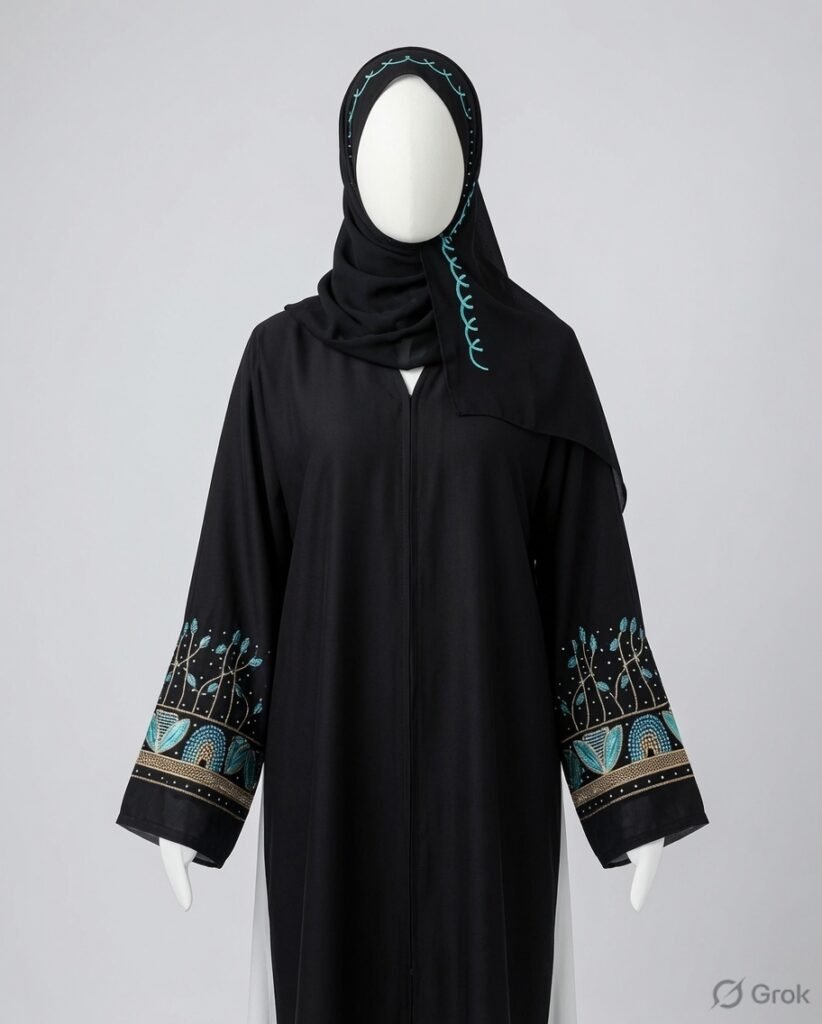 Elegant Black Turquoise Embroidered Abaya