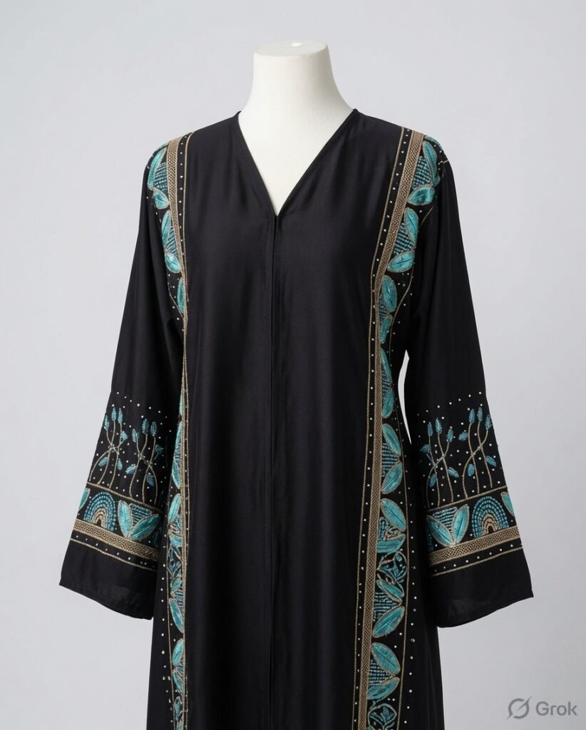 Luxury Black Turquoise Botanical Embroidered Abaya
