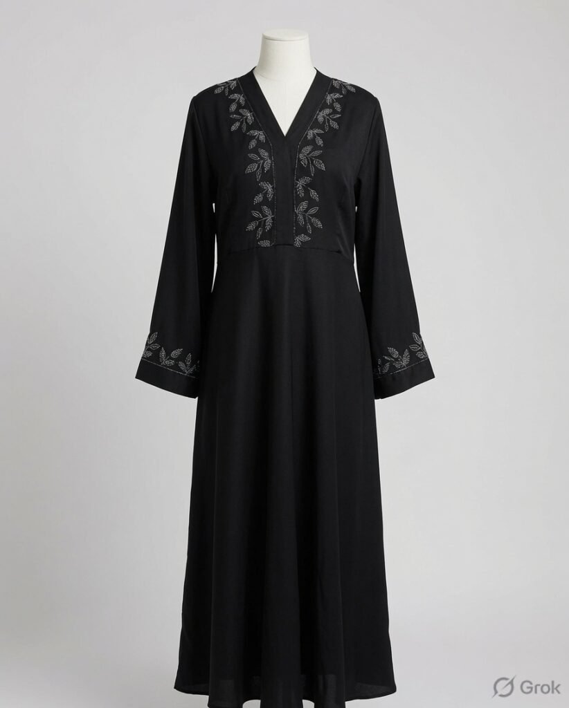 Elegant Black Leaf Embroidered Abaya