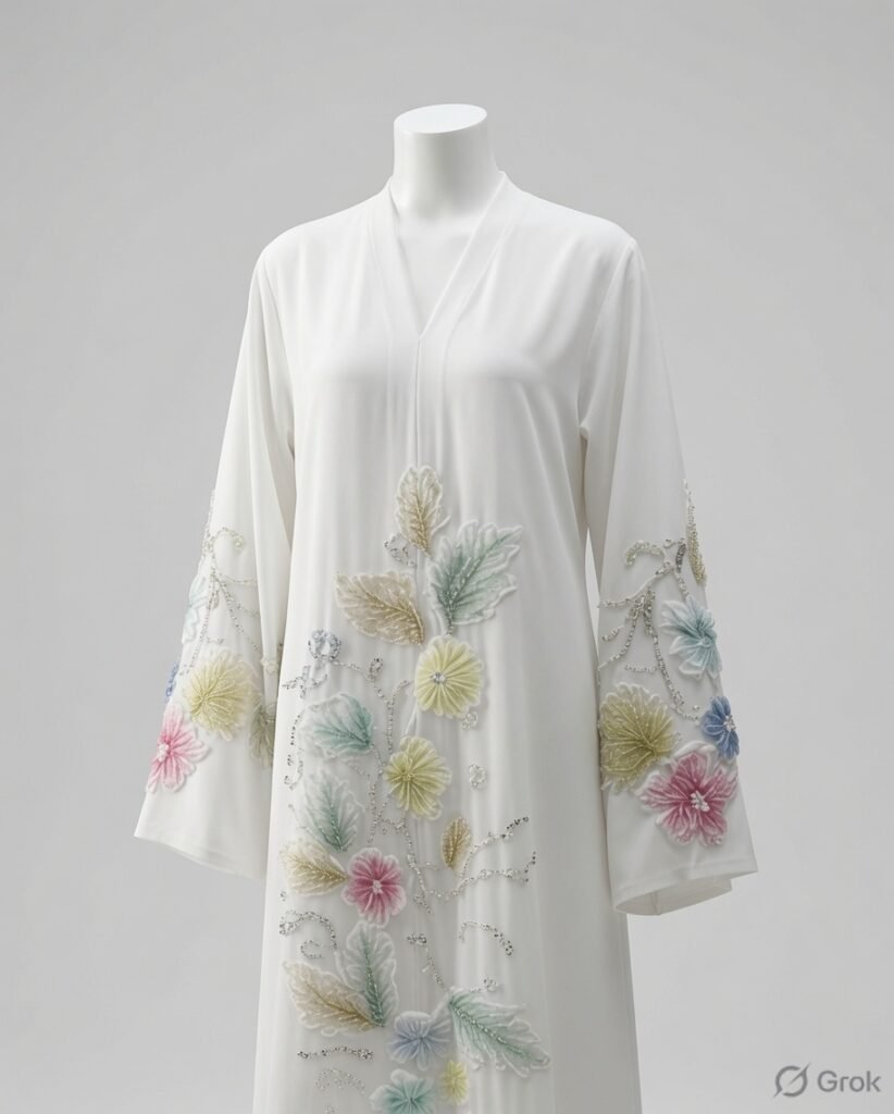 Elegant Ivory Floral Embroidered Abaya