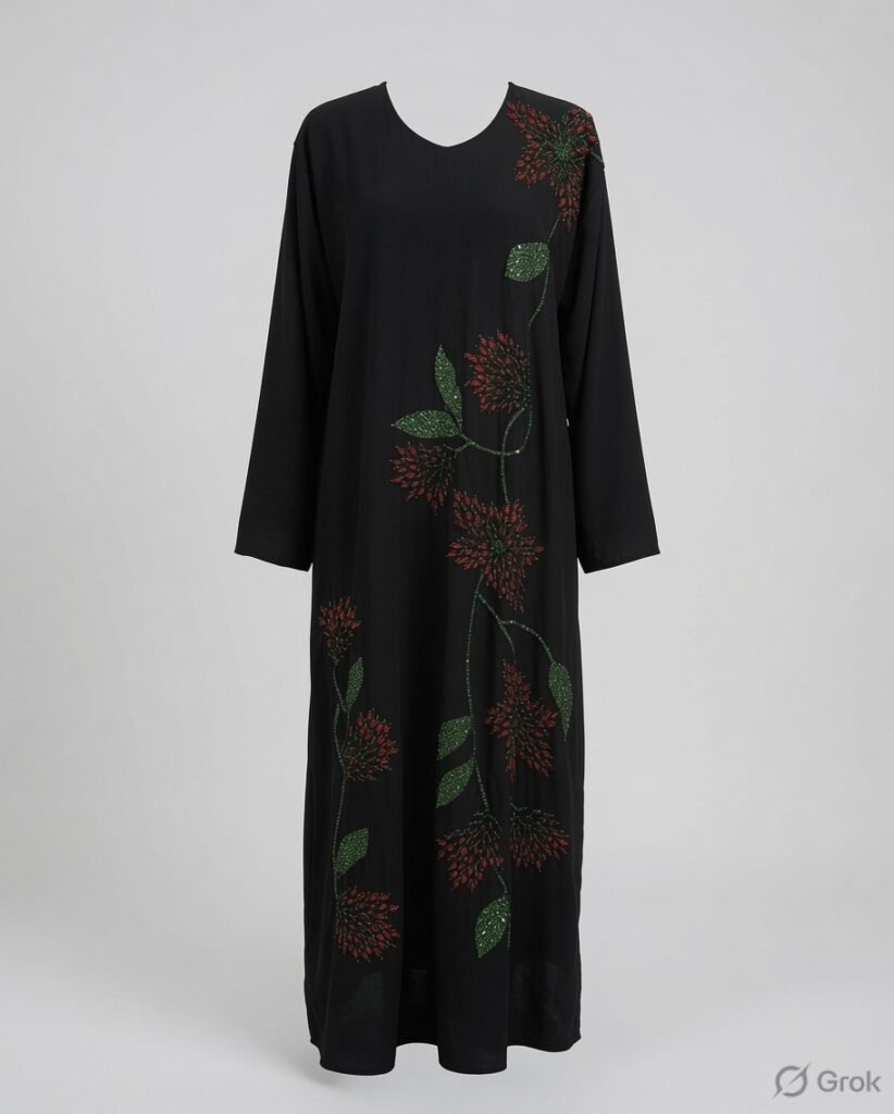 Elegant Black Red Floral Embroidered Abaya