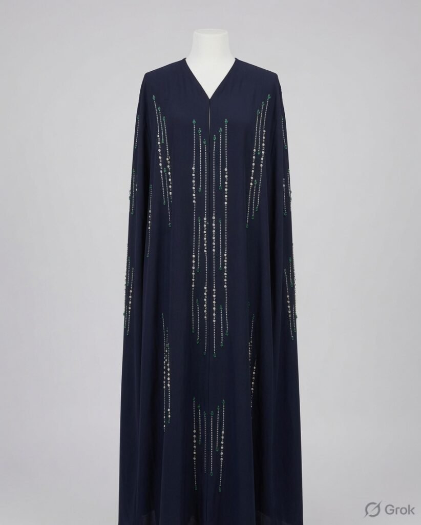 Luxury Navy Blue Crystal Cascade Abaya