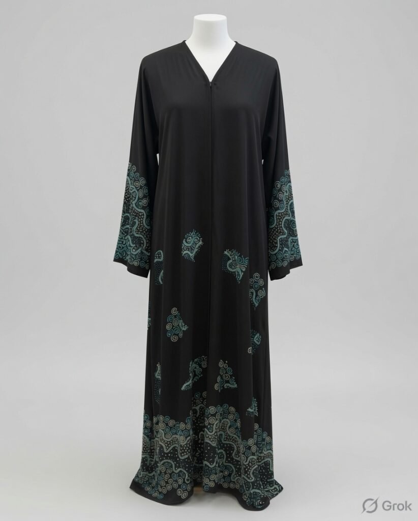 Elegant Black Teal Paisley Embroidered Abaya