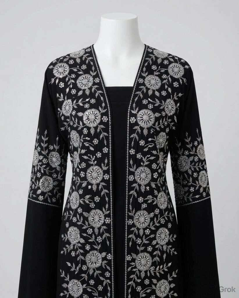 Luxury Black Silver Floral Embroidered Abaya